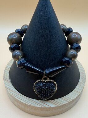 Black and Brown Stretch Bracelet with Heart Charm